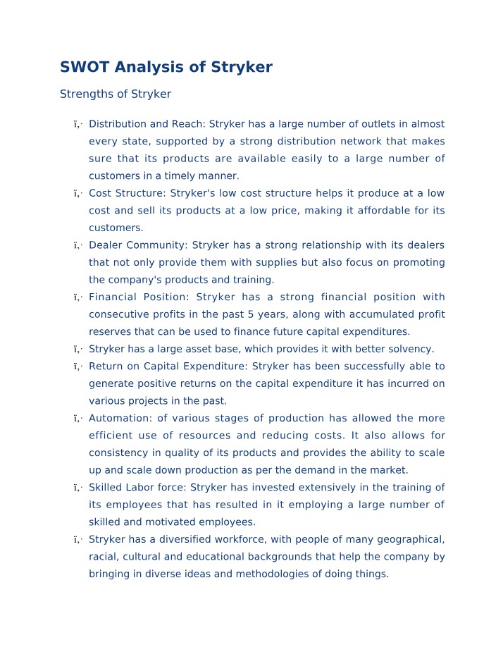 SWOT Analysis of Stryker - Distribution and Cost