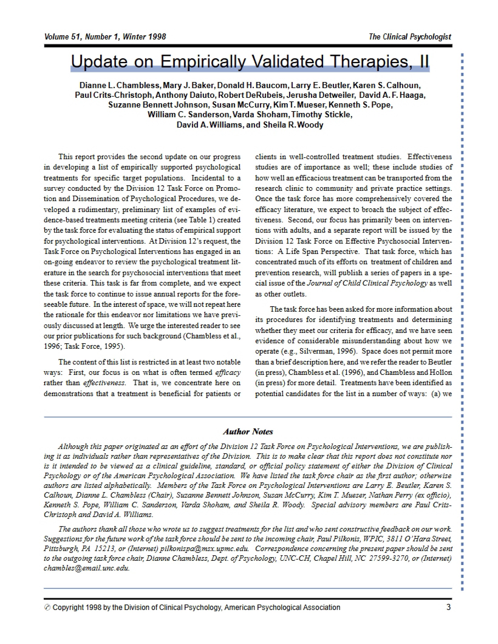 Empirically Validated Therapies Update Part II