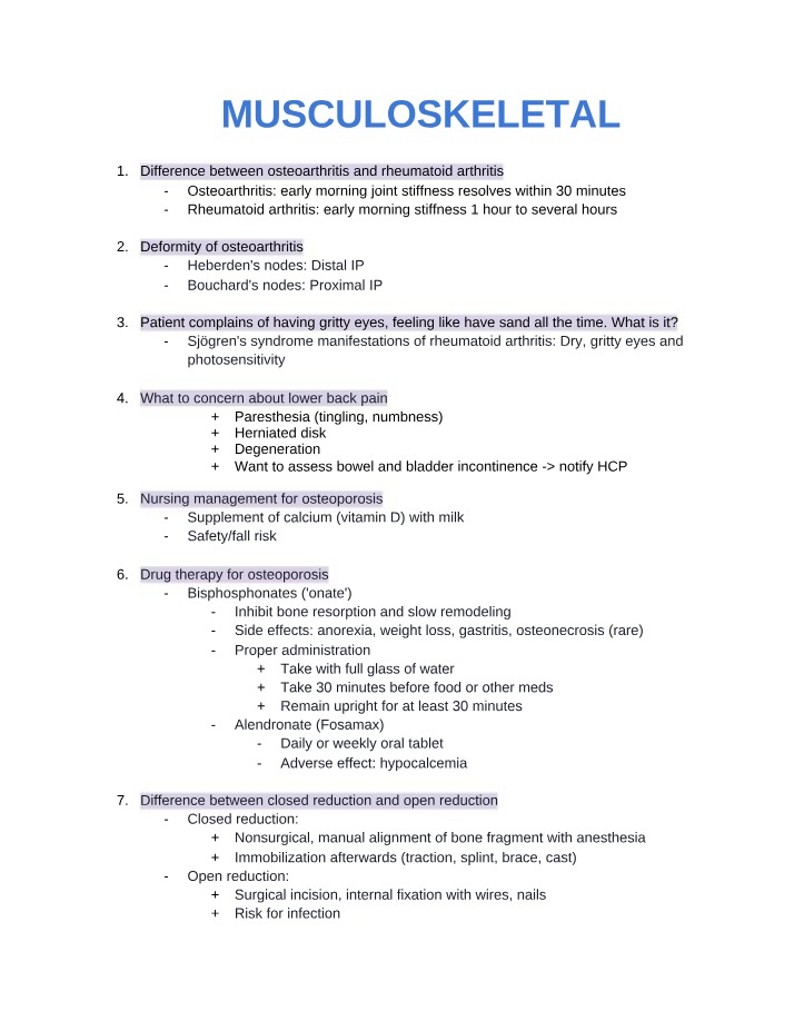 Musculoskeletal and Cancer Study Notes
