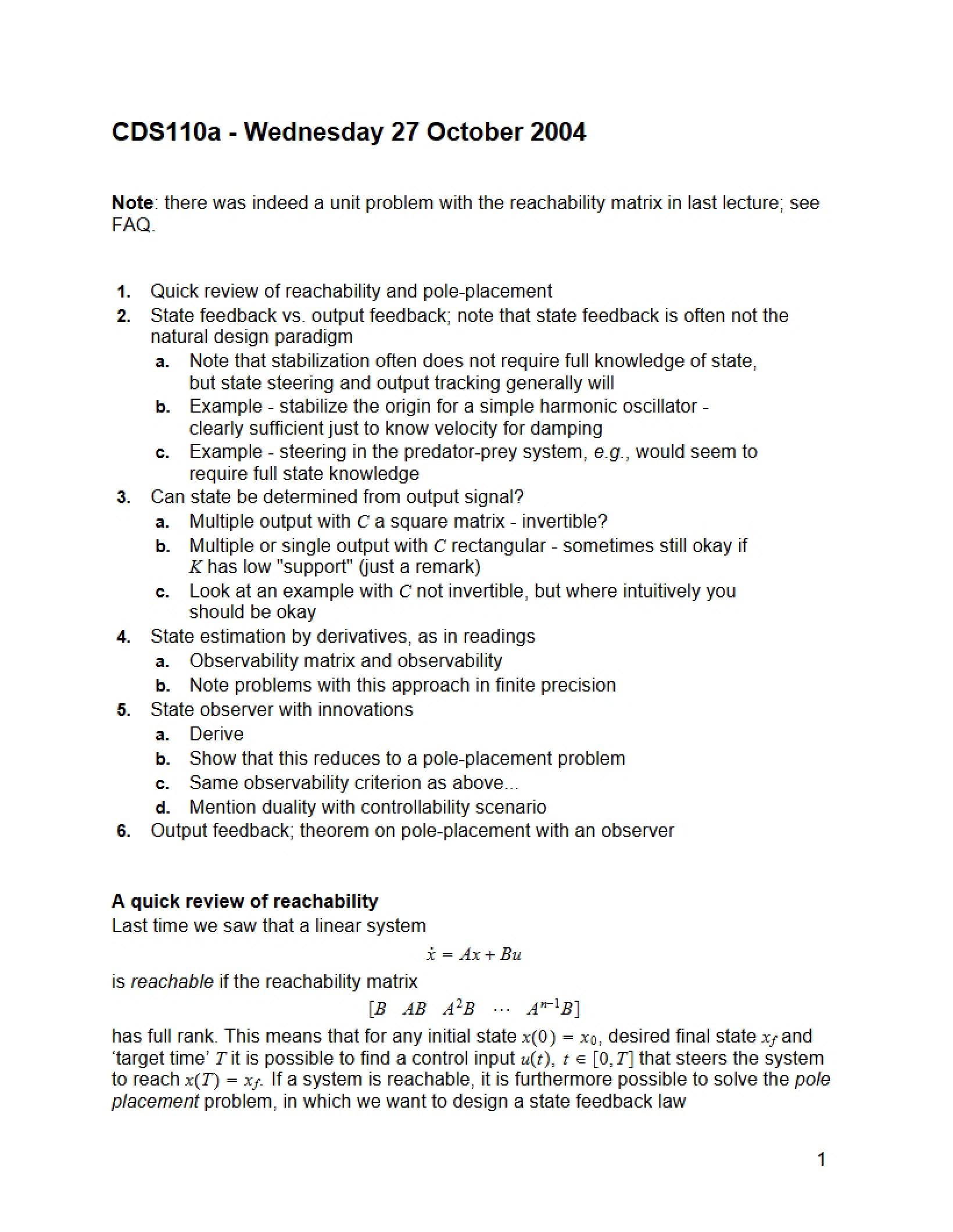 Feedback Systems Course Notes