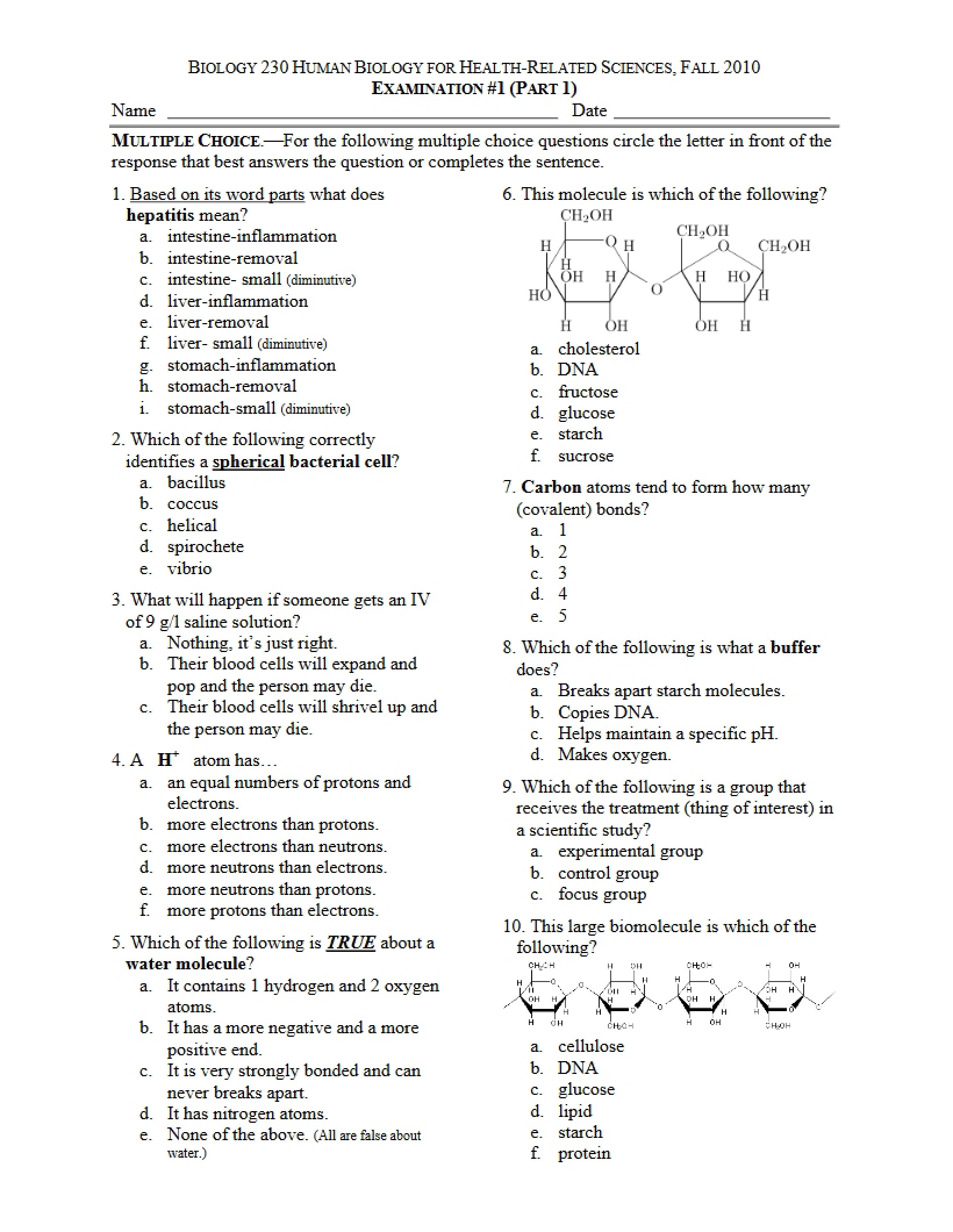 Examination for Human Biology - 4 Pages