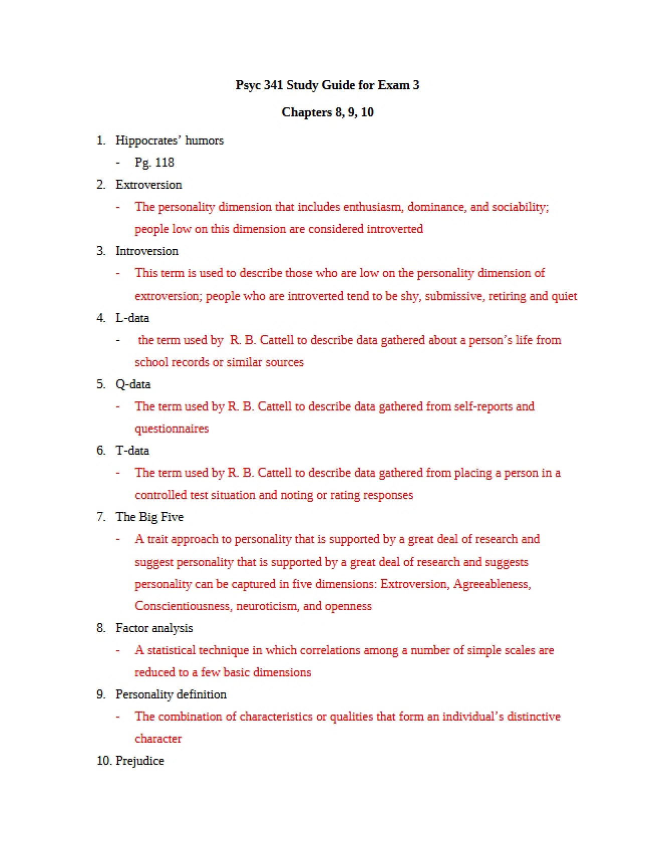 Study Guide for the Third Exam in Psychology of Personality