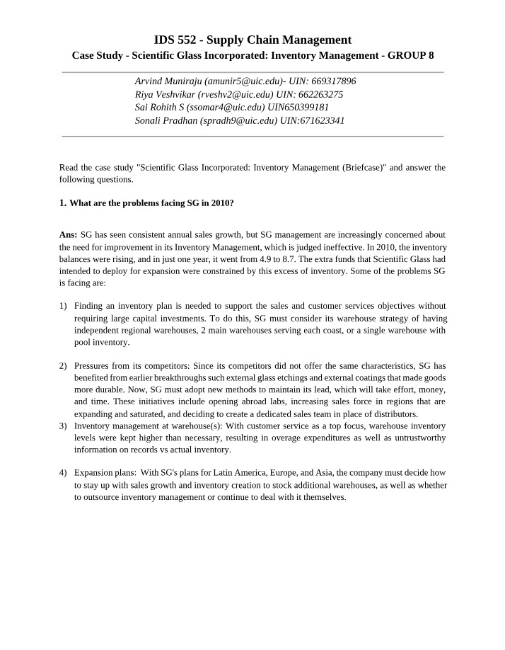Inventory Management Case Study - Scientific Glass Incorporated