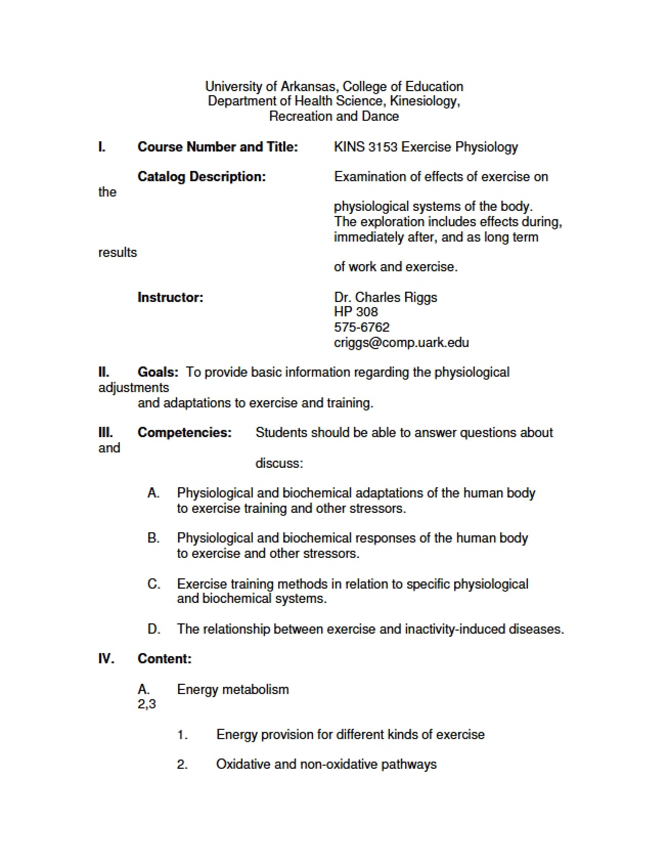Syllabus for Exercise Physiology