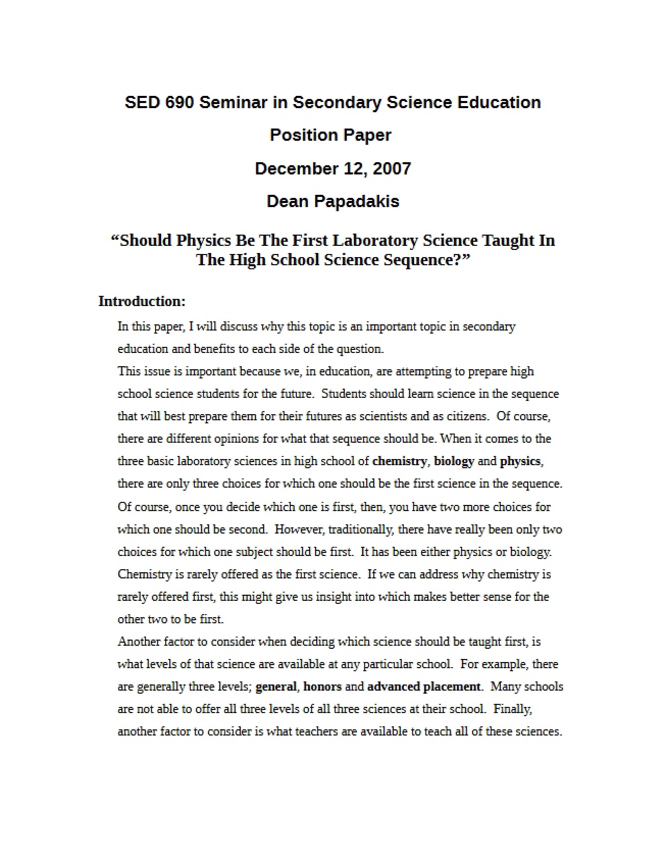 Physics First Position Paper