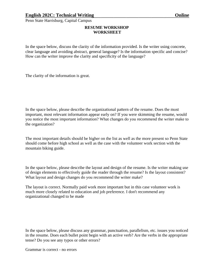 Worksheet for Resume Workshop