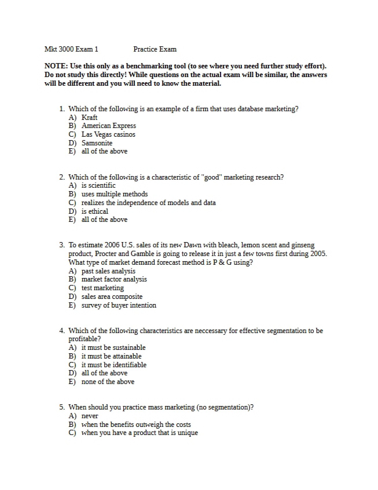 Second Practice Test for Marketing