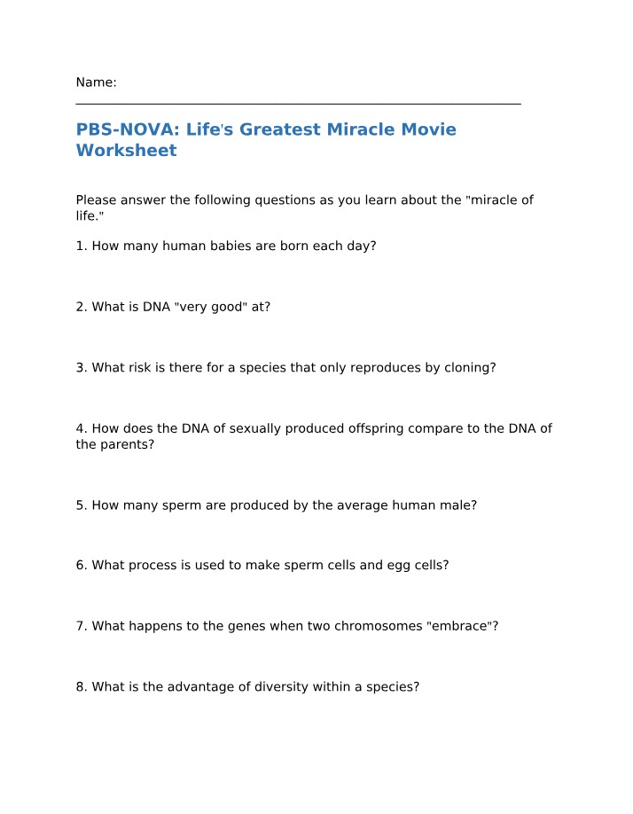 Worksheet for Life's Greatest Miracle Movie