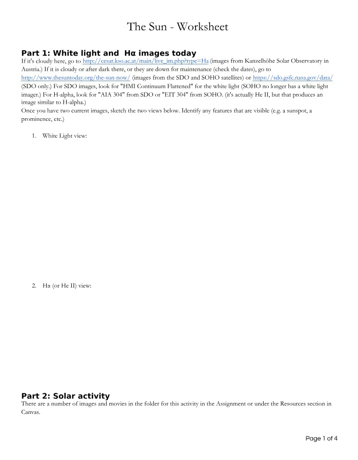 Worksheet for The Sun