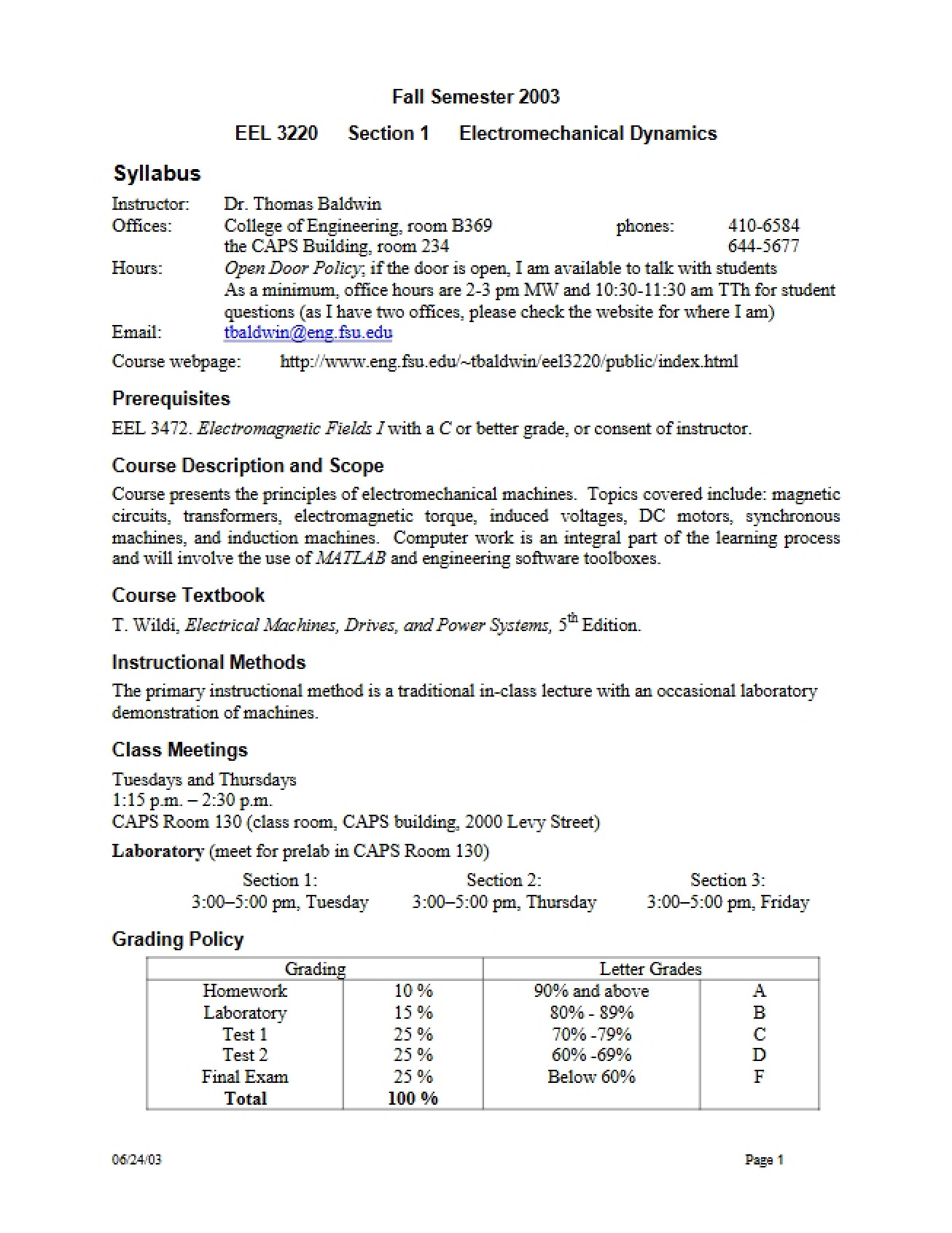 Electromechanical Dynamics Course Syllabus