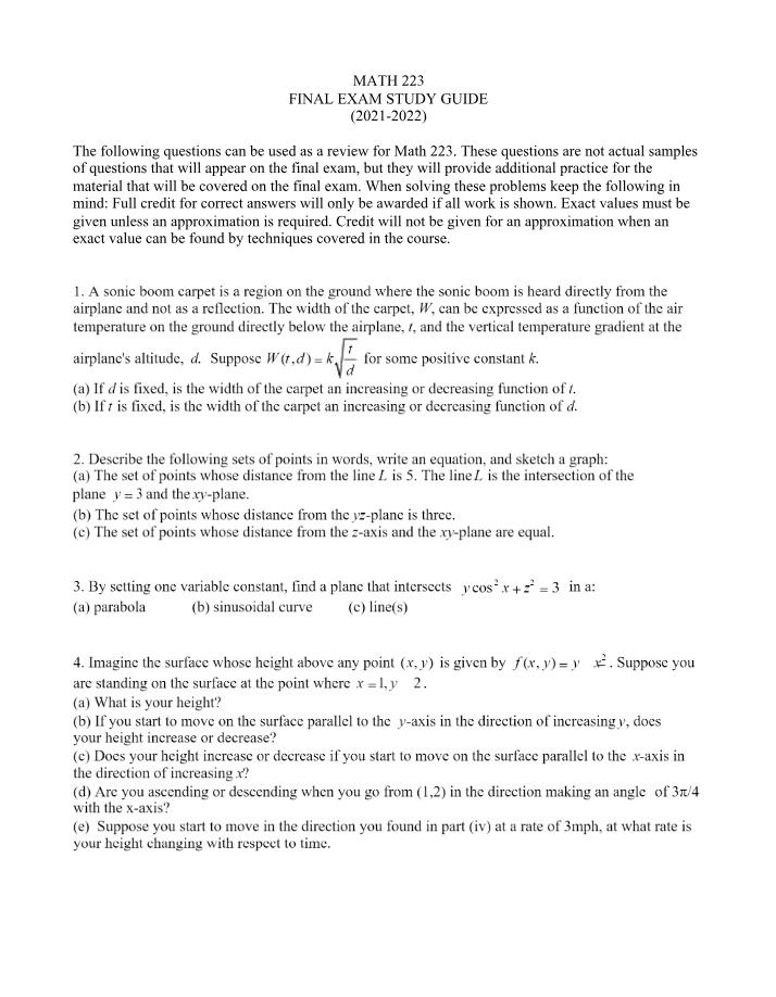 Practice Questions for MATH 223 Final Exam