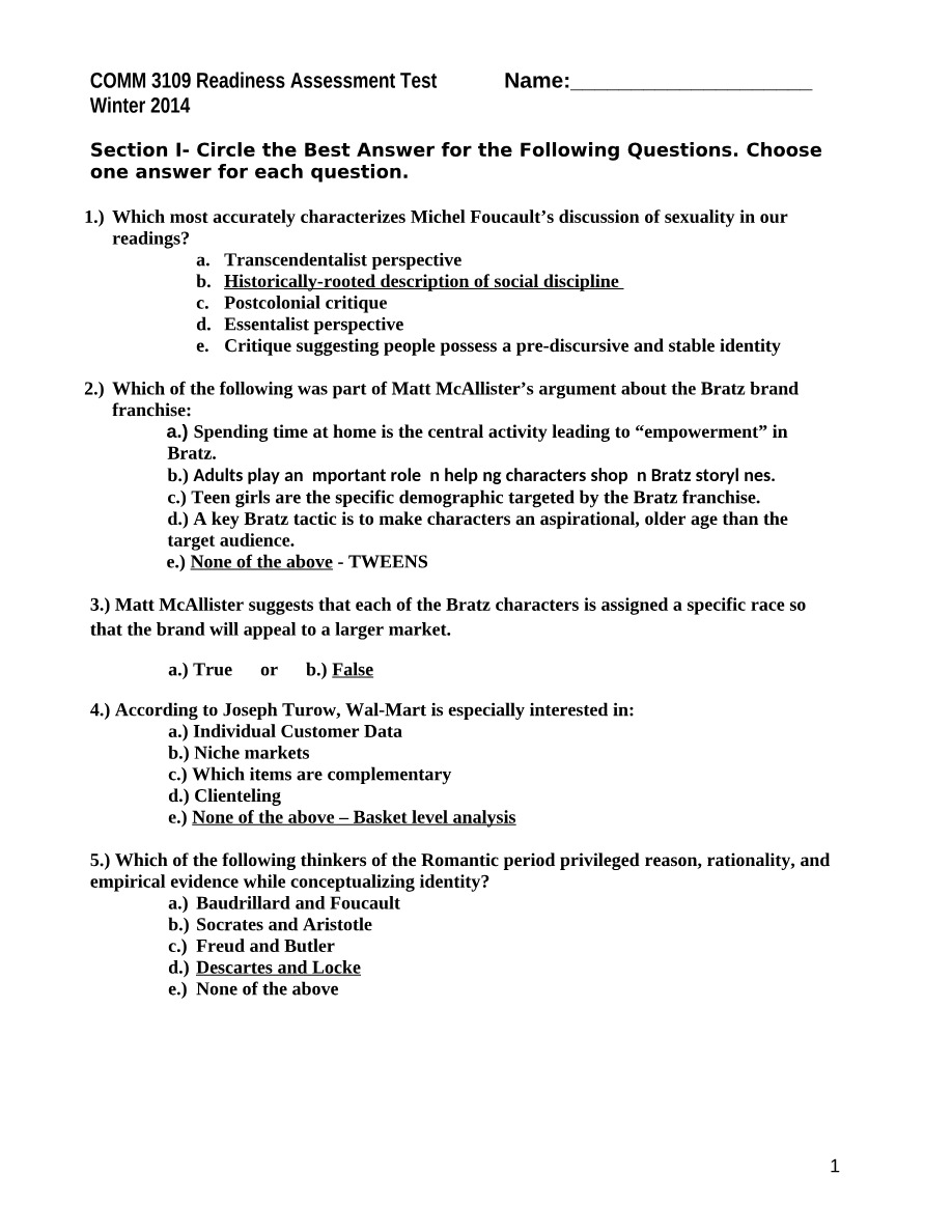 Winter 2014 Readiness Assessment Test (COMM 3109)
