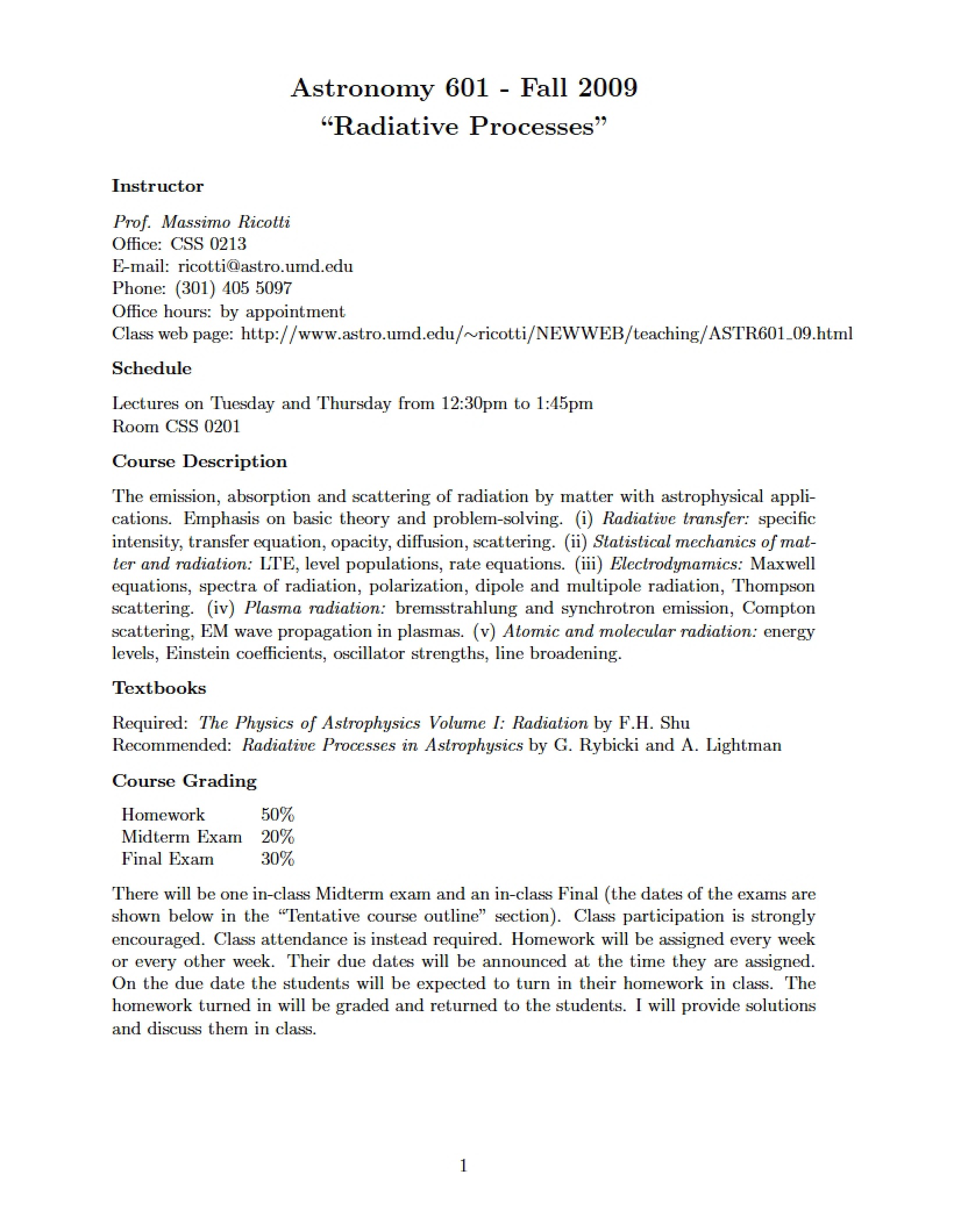 Radiative Processes Syllabus