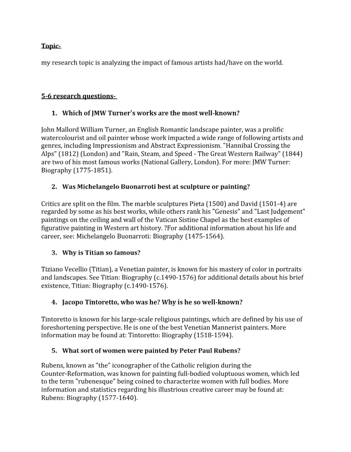 Famous Artists and Their World Impact - Turner and Michelangelo
