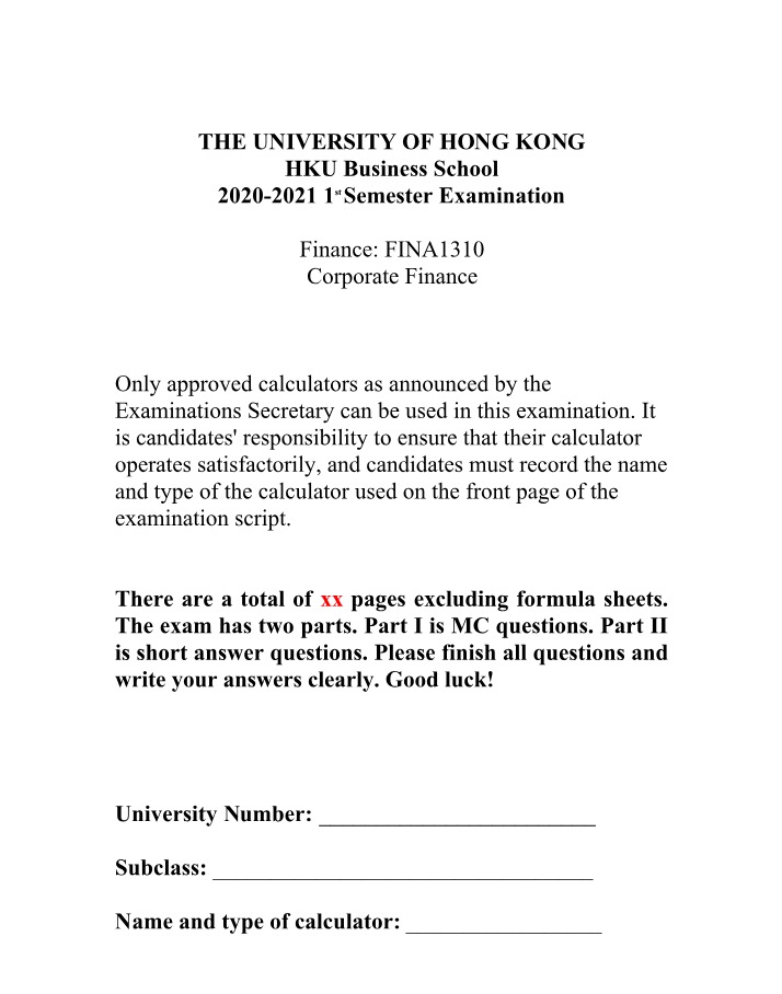FINA1310 Corporate Finance Exam - Multiple Choice and Short Answer