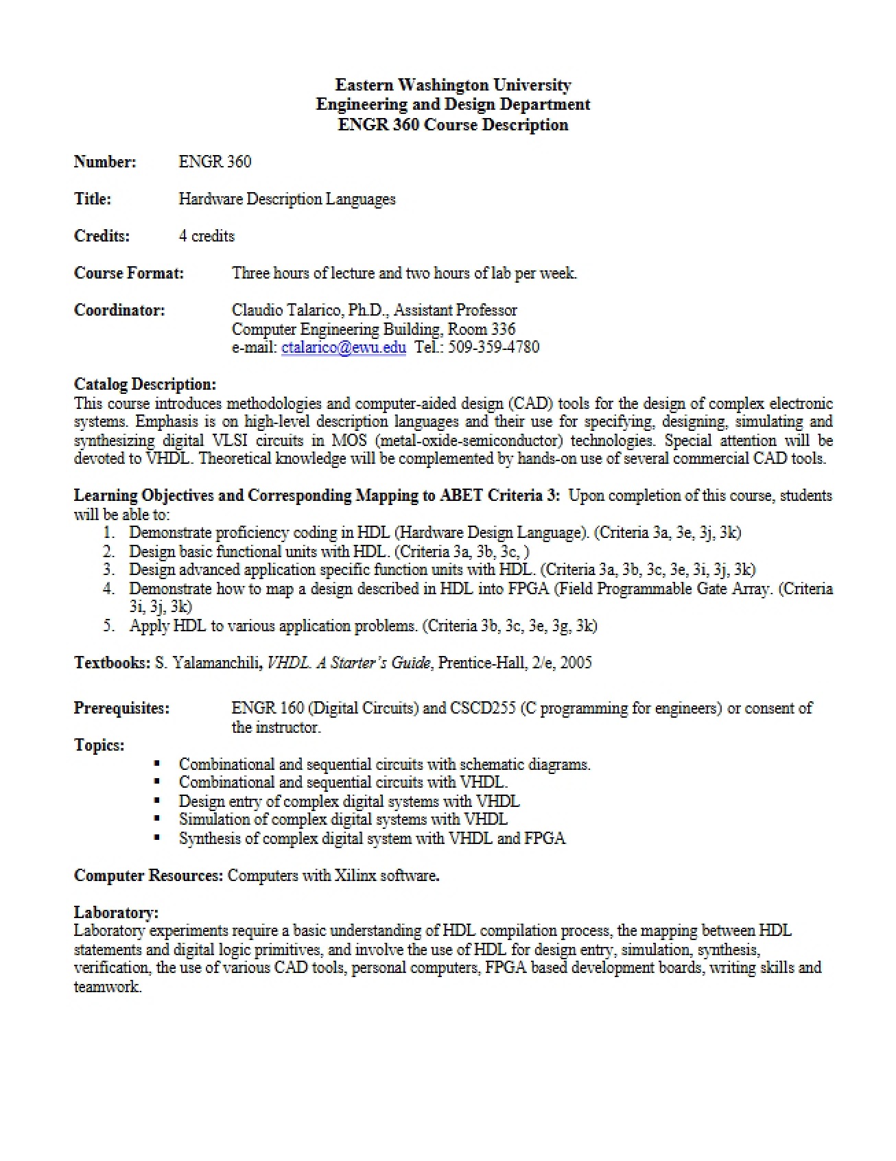 Electrical Engineering Course Description