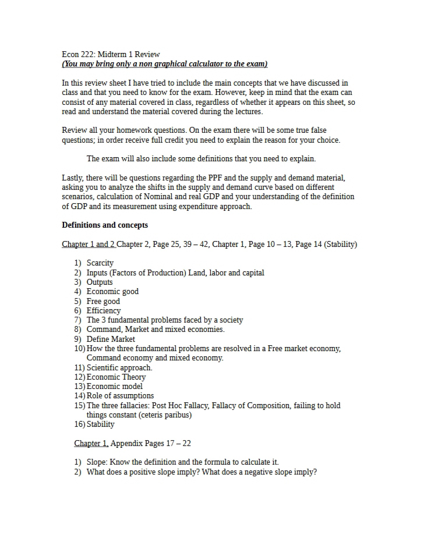 Midterm One Review for Econ 222