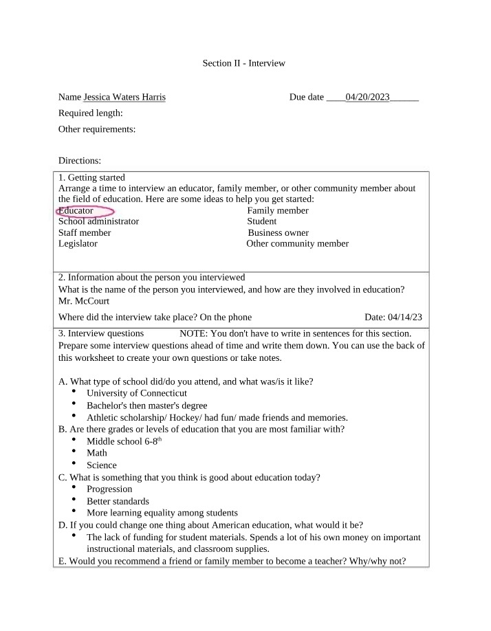 Worksheet for Educational Interview
