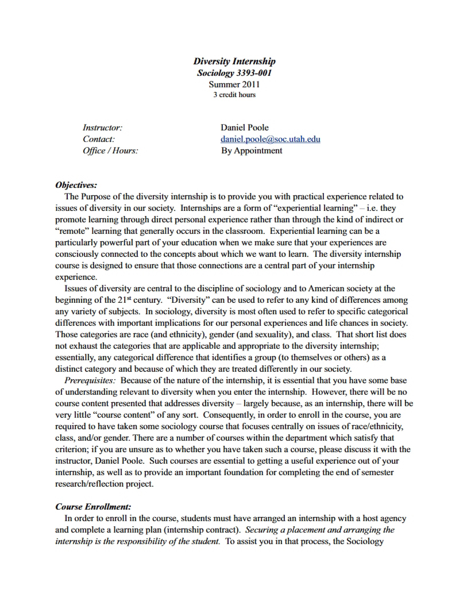 Syllabus for Diversity Internship Course
