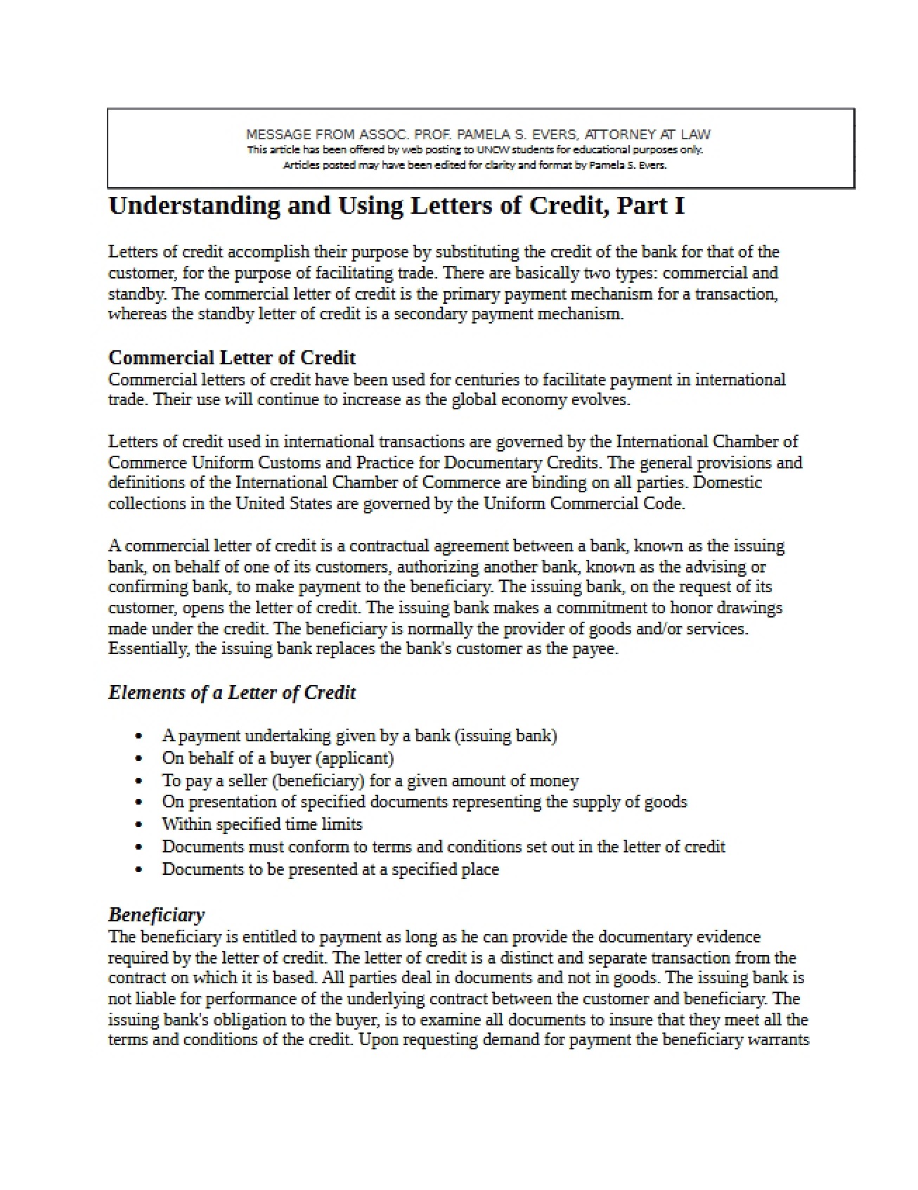 Letters of Credit Usage and Understanding