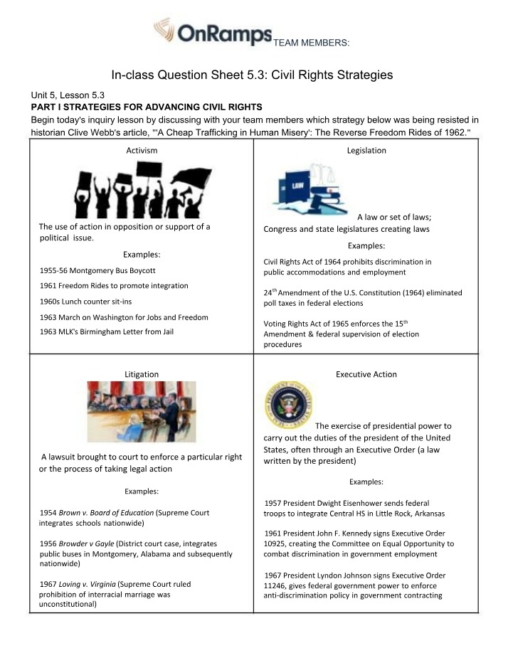 Civil Rights Strategies - Question Sheet 5.3