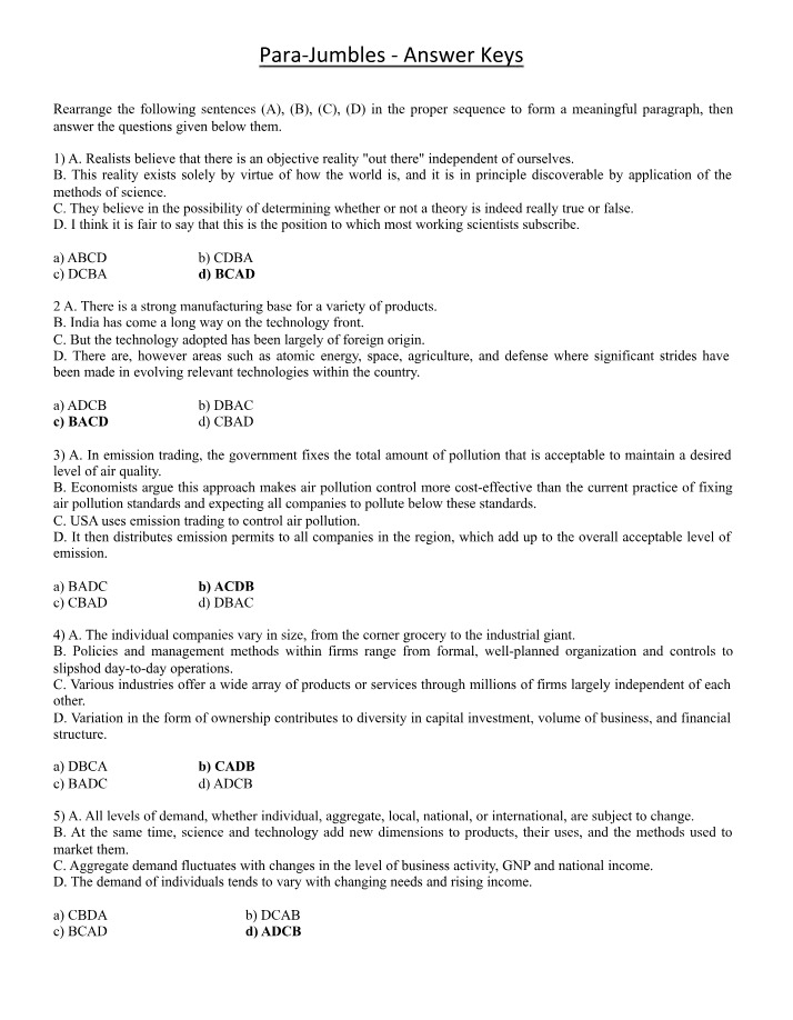 Answer Keys for Para-Jumbles