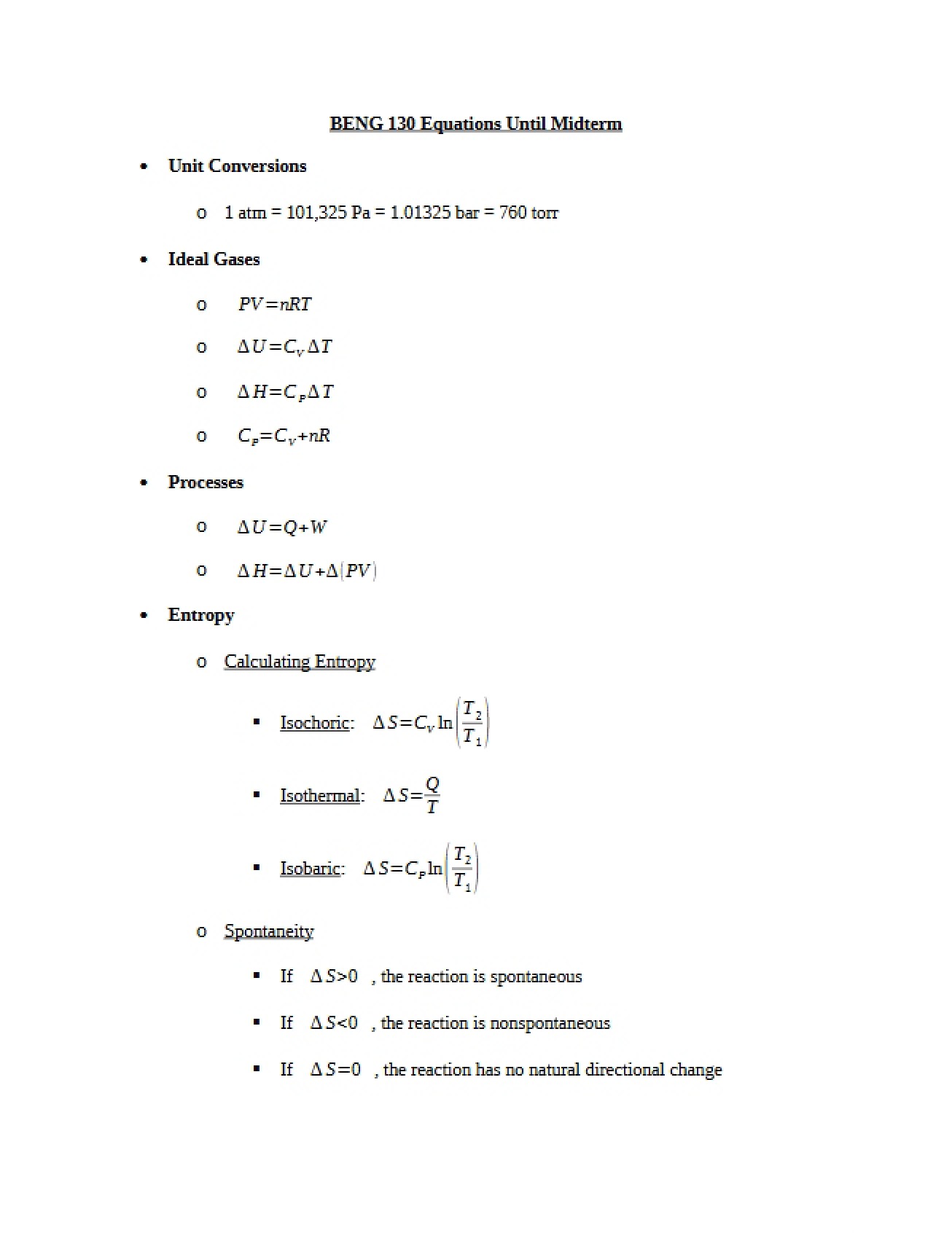 Equations Until Midterm