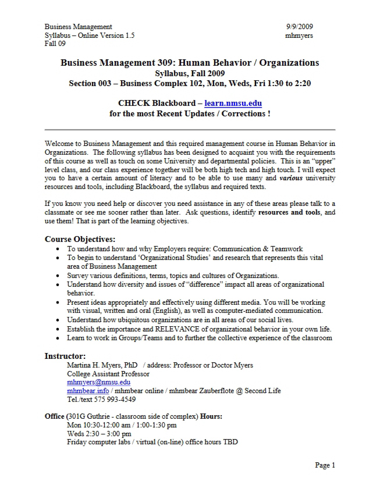 Thirteenth Revision of the Human Behavior in Organizations Syllabus