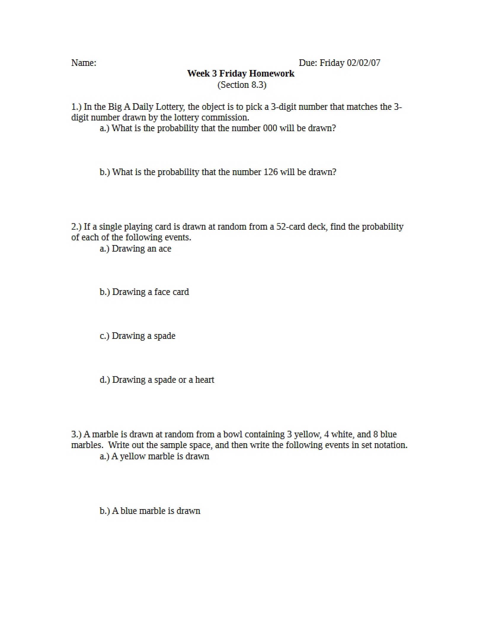 Homework for Probability
