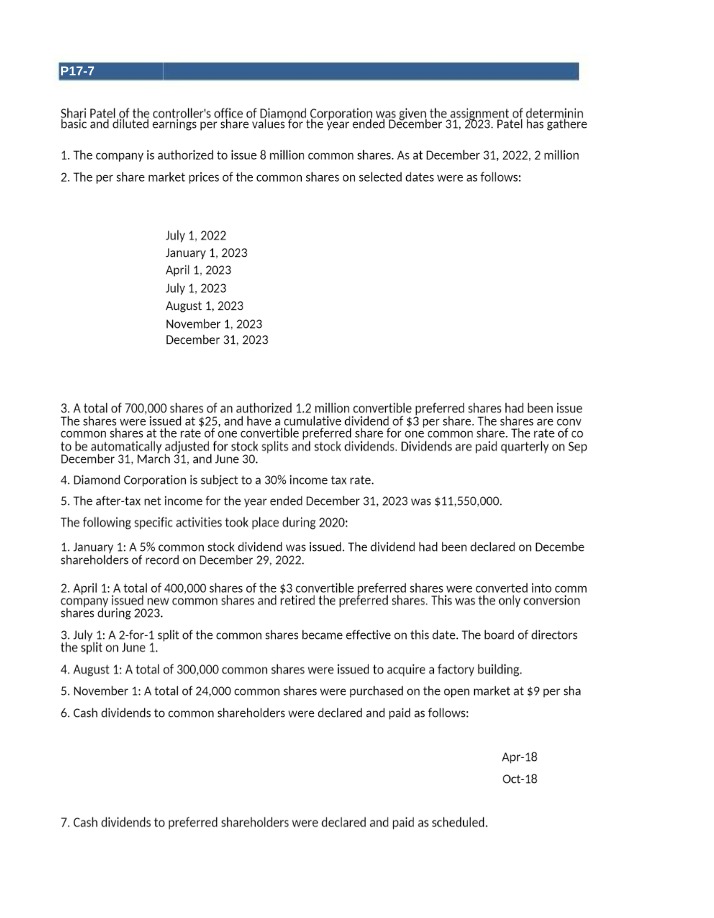 Diamond Corporation - Calculating Earnings per Share