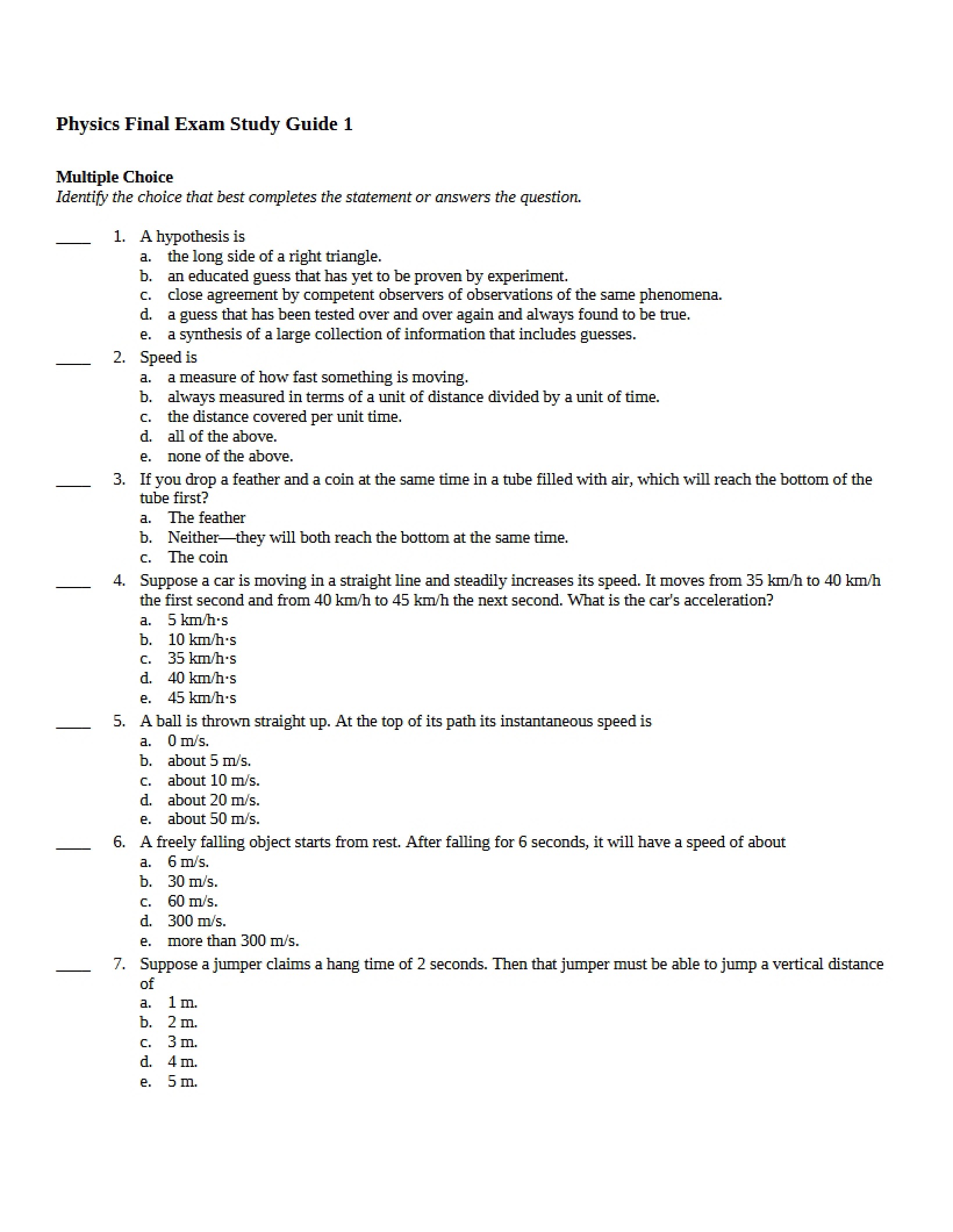 Study Guide 1 for Final Exam