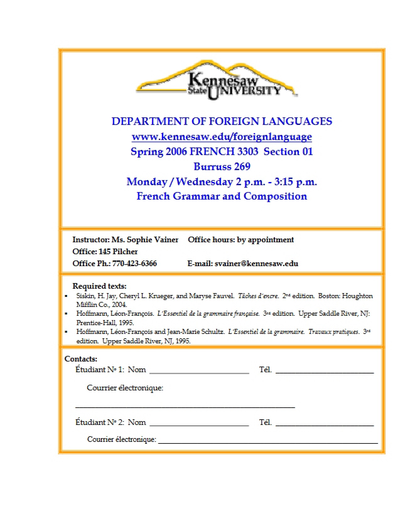 Course Outline for French Grammar and Composition - FREN 3303