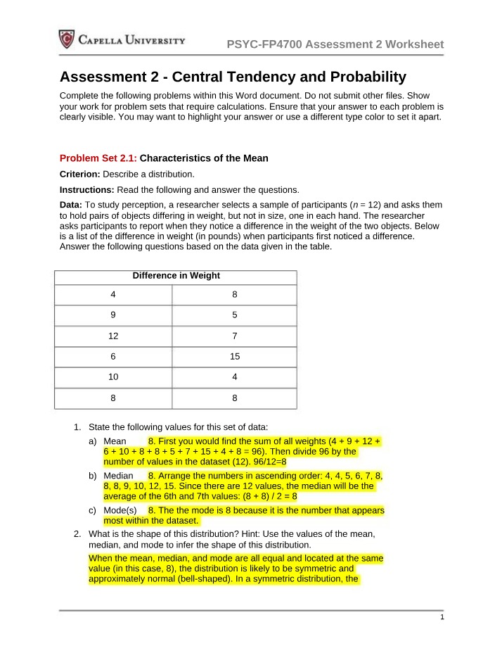 Worksheet on Central Tendency and Probability (Assessment 2)