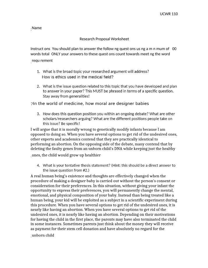 Worksheet on Ethical Implications of Designer Babies in the Medical Field