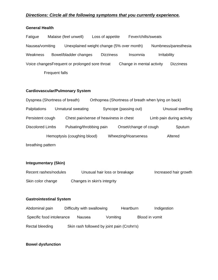 Common Symptoms List - Fatigue, Nausea, Weakness, Weight