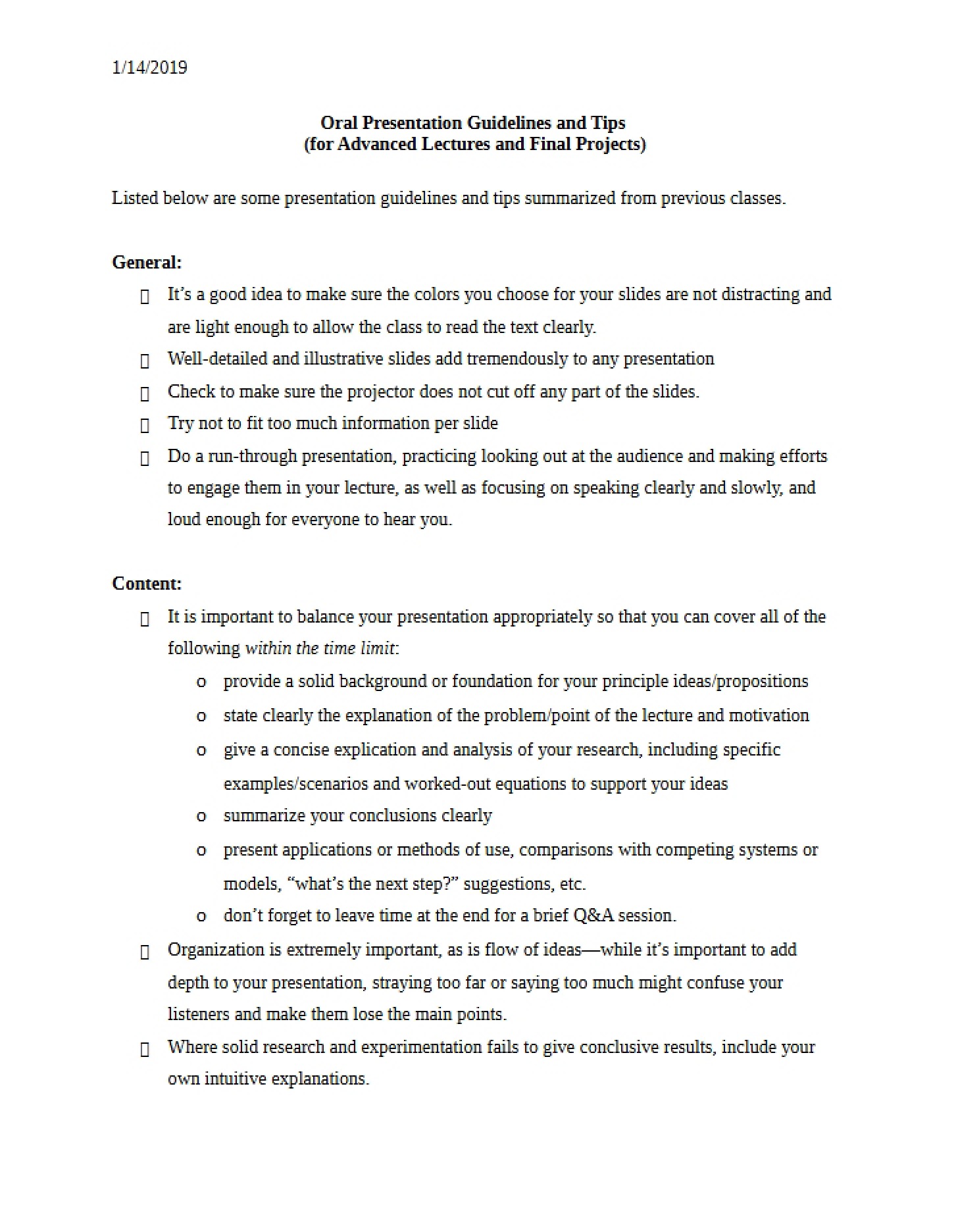 Tips and Guidelines for Oral Presentations