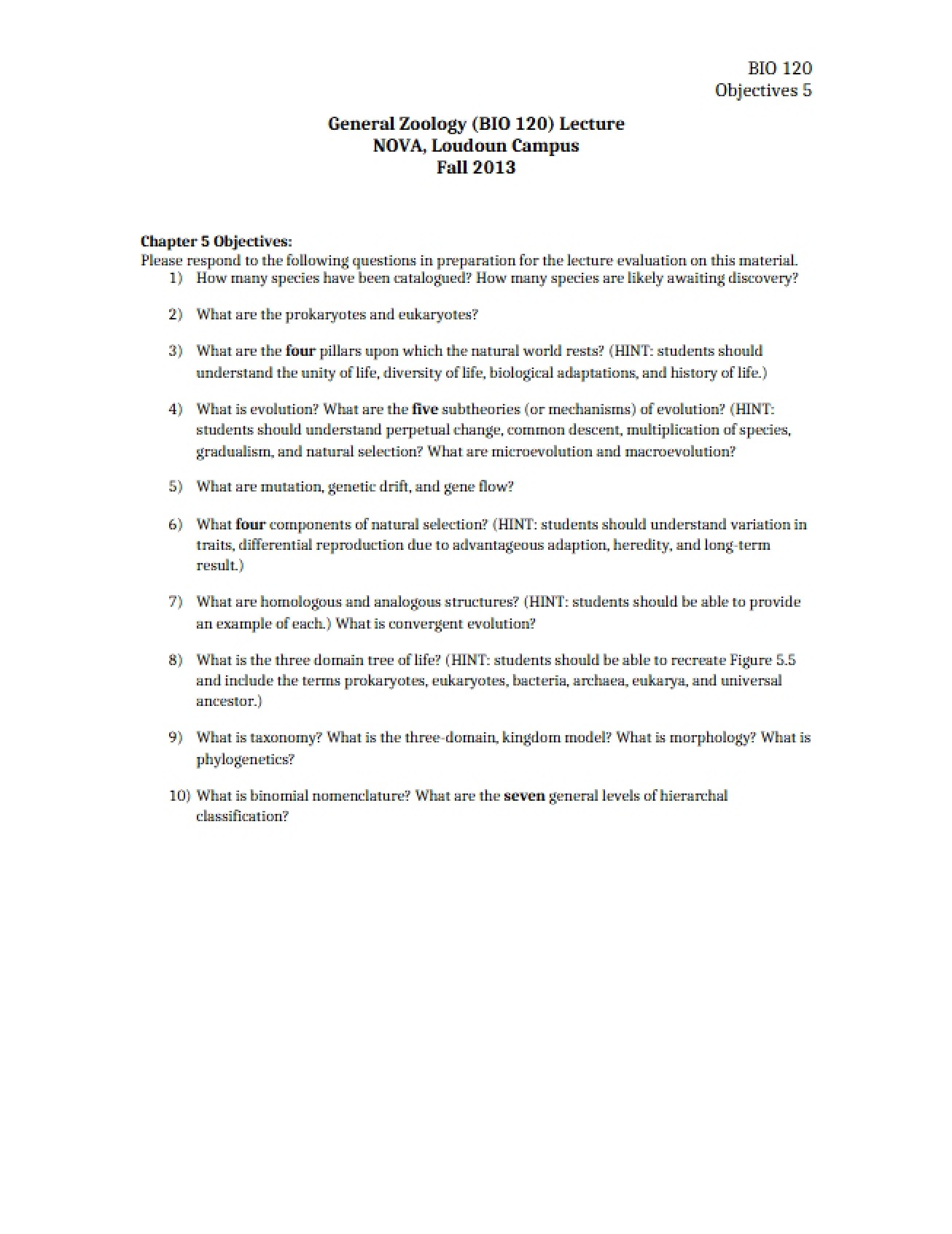 General Zoology Class Notes