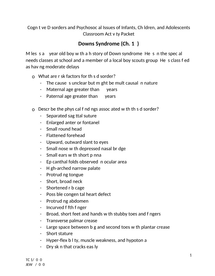 Notes on Cognitive Disorders and Psychosocial Issues of Infants, Children, and Adolescents