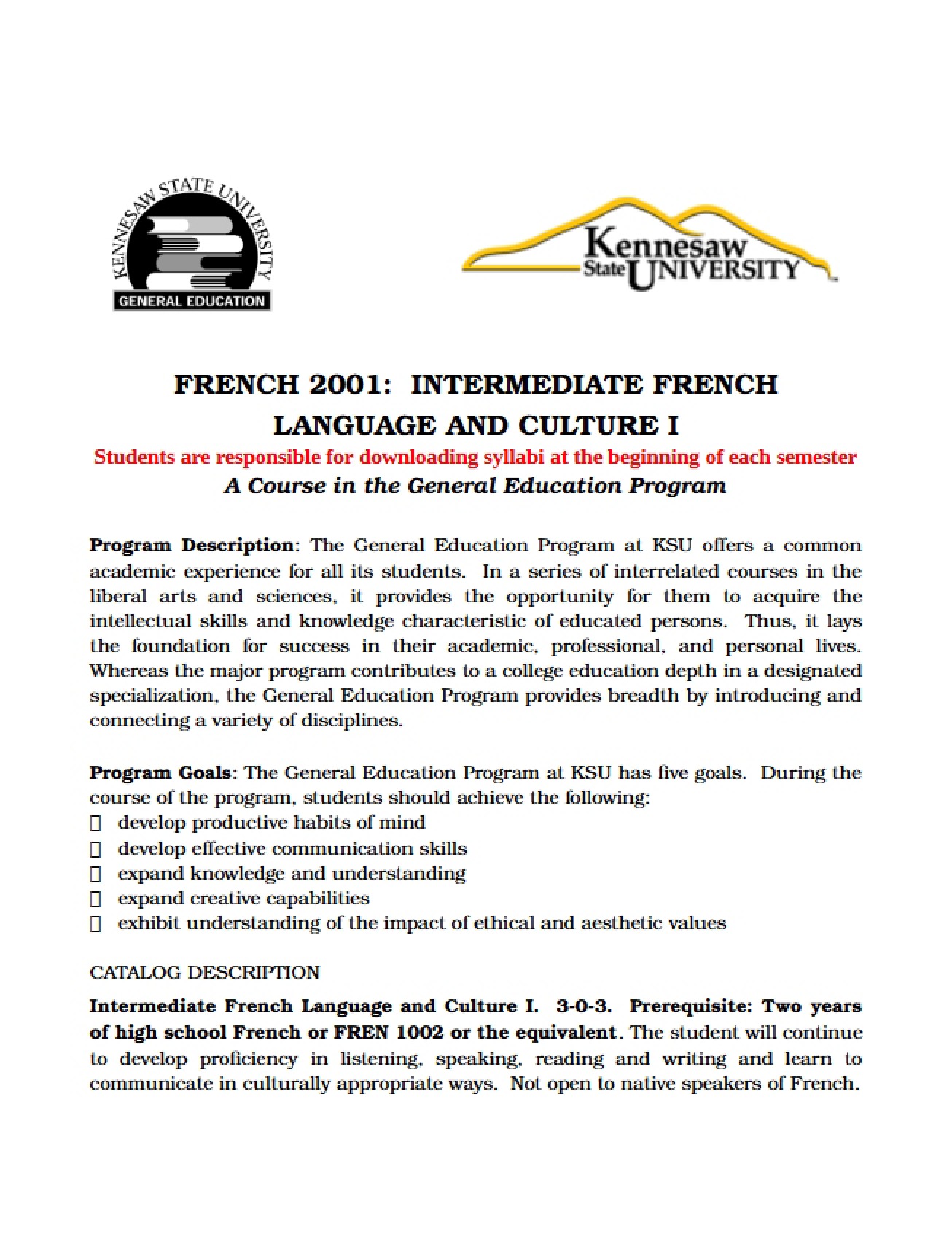 Course Outline for French Intermediate One (4)