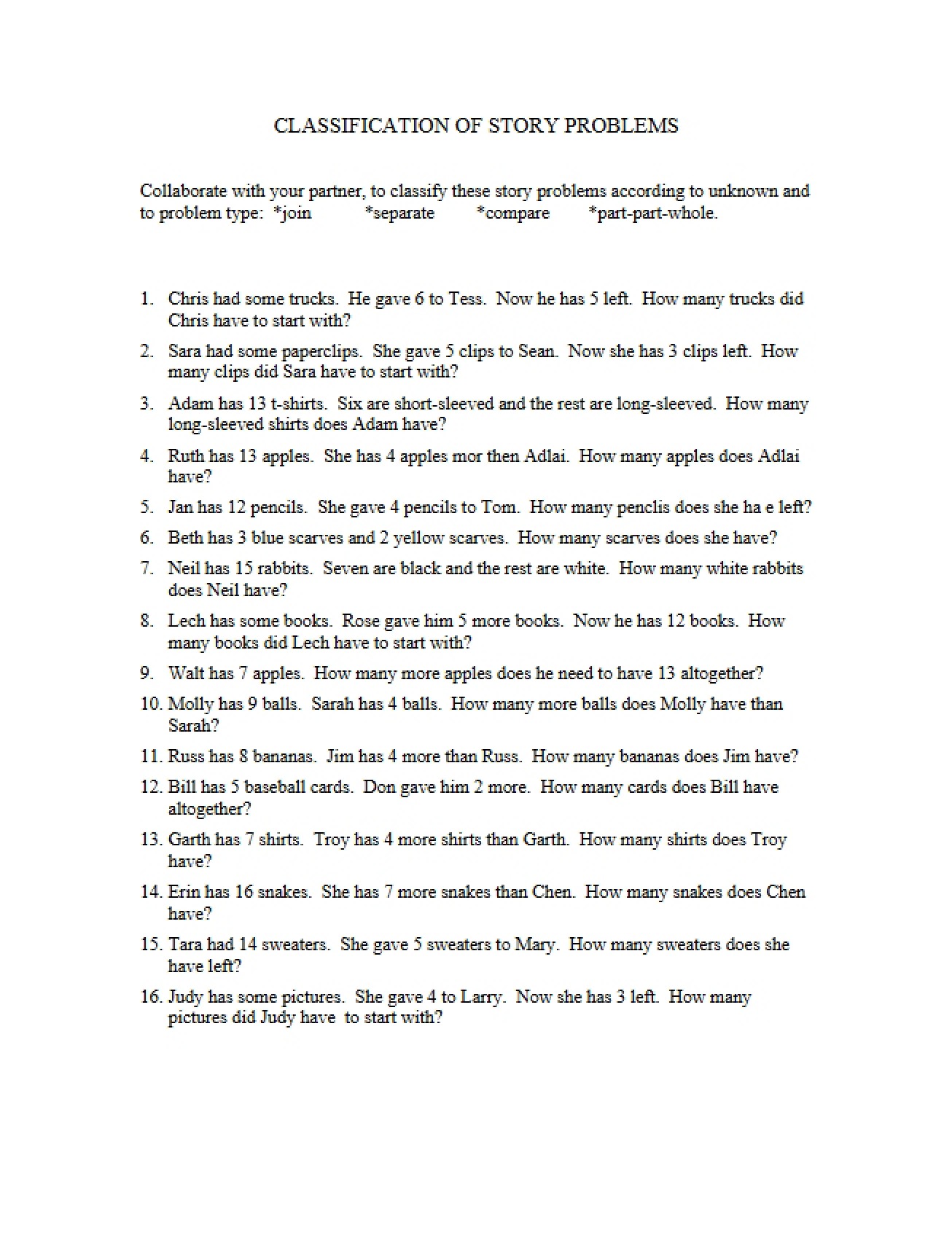 Story Problem Classification