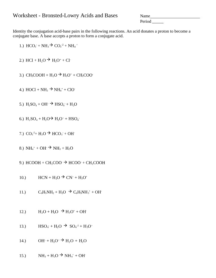 Identifying Conjugate Acids and Bases - Bronsted-Lowry Worksheet