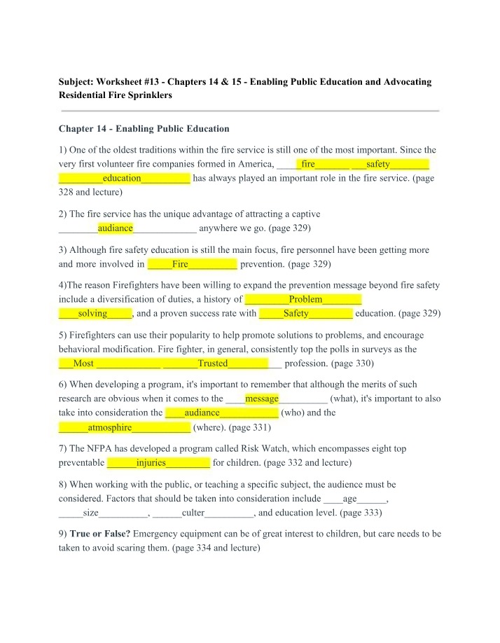 Worksheet 13 - Public Education and Fire Sprinkler Advocacy