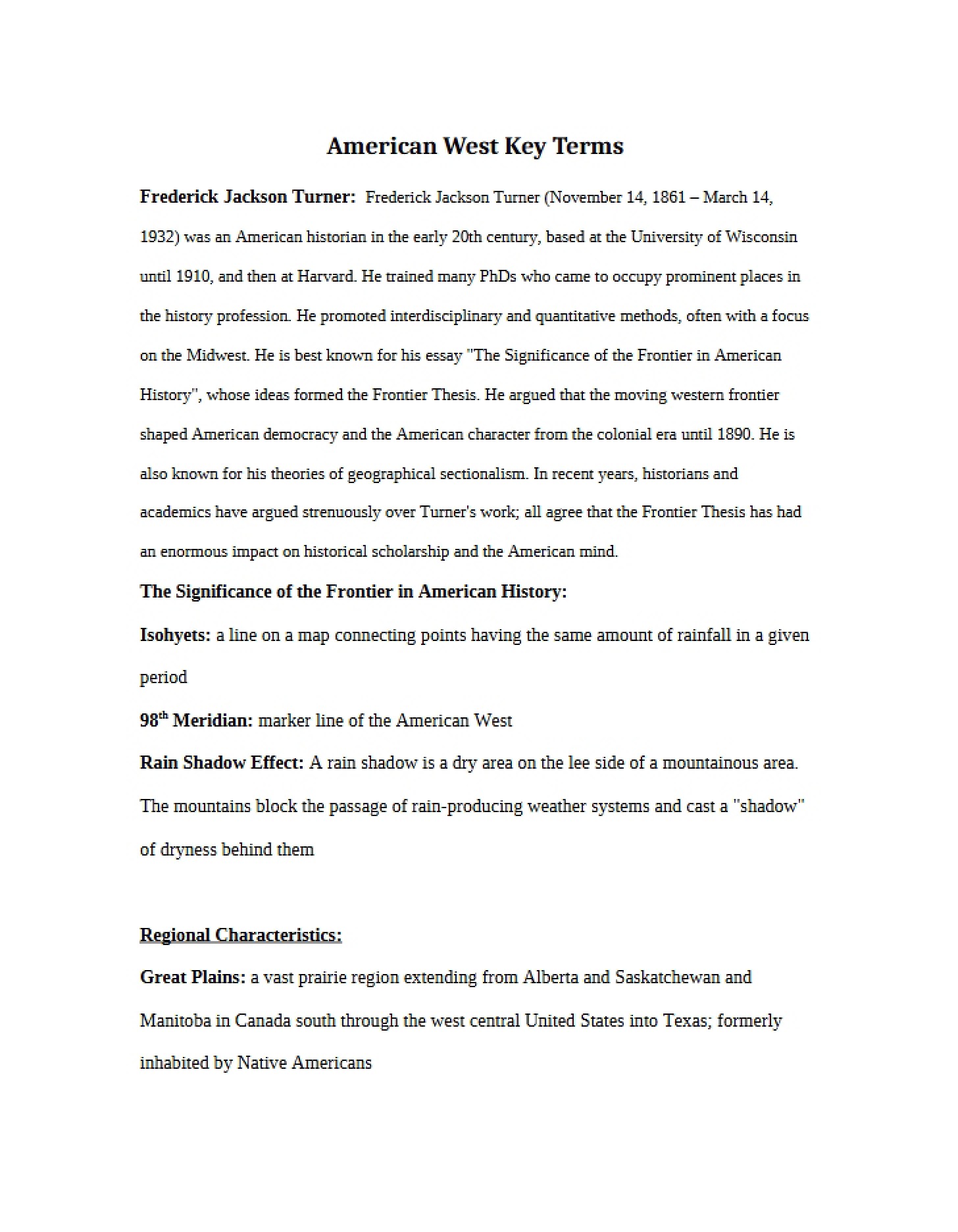 Key Vocabulary for Western Frontier Studies