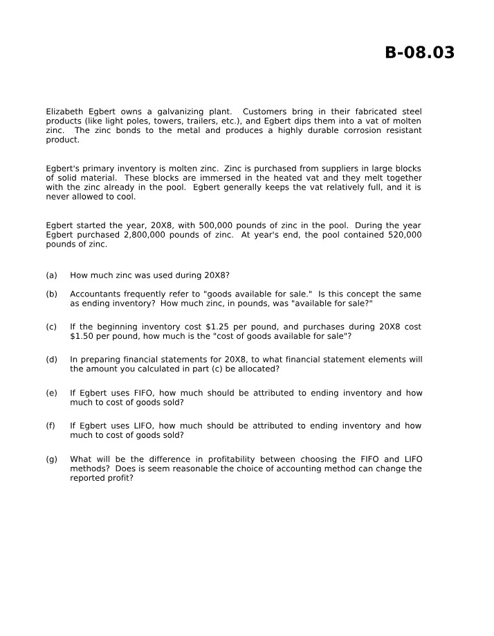 Zinc Inventory Management and Accounting Methods