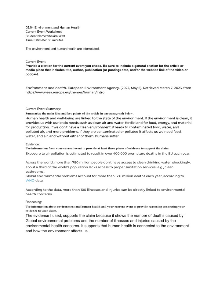 Current Event Worksheet - Environment and Human Health