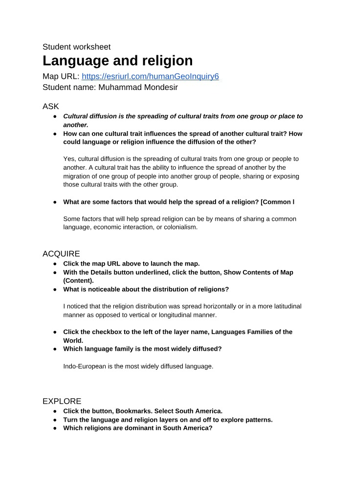 Worksheet - Language and Religion