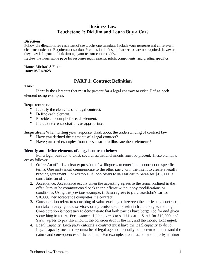 Business Law Touchstone 2 - Jim and Laura Car Purchase