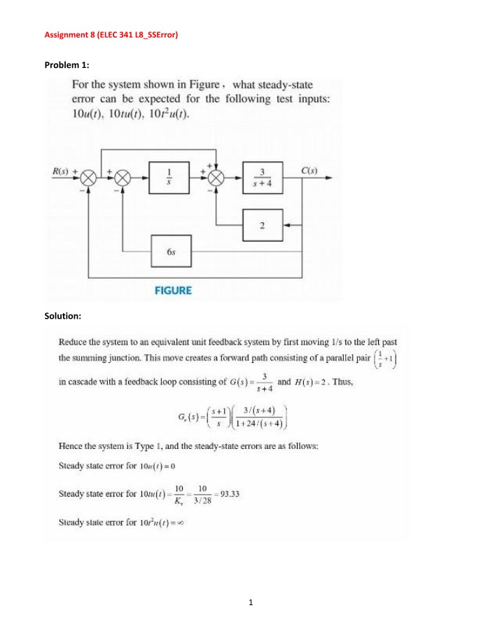 Assignment 8 - ELEC 341 Steady State Error