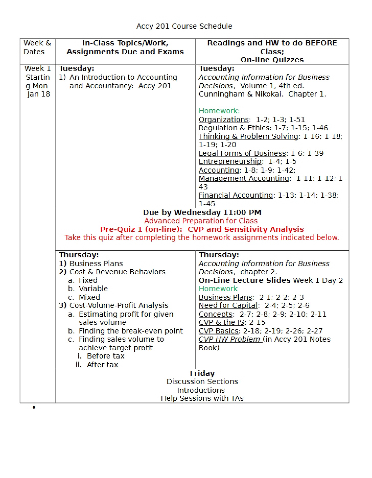 Schedule of Course