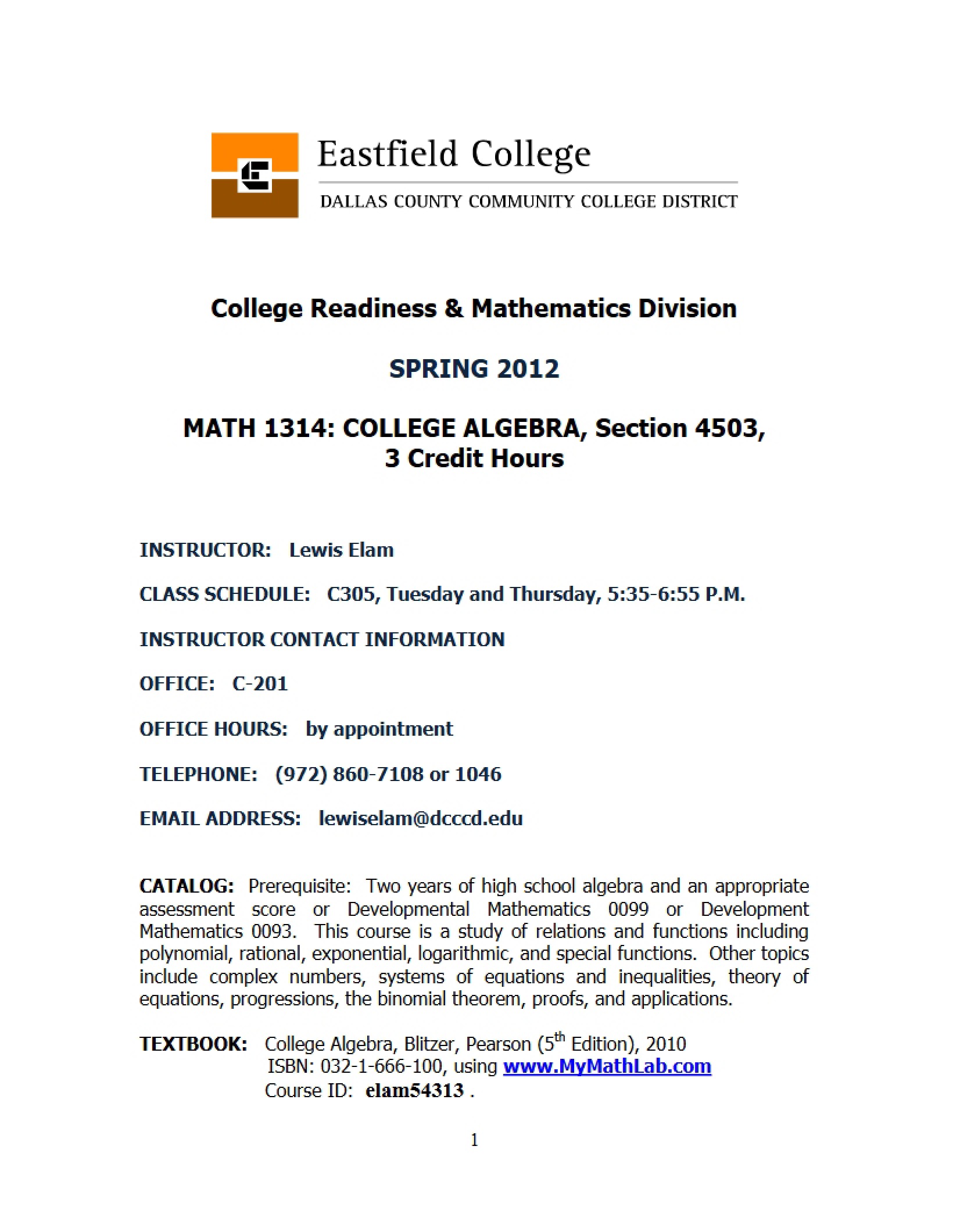 Course Syllabus for College Algebra - College Algebra